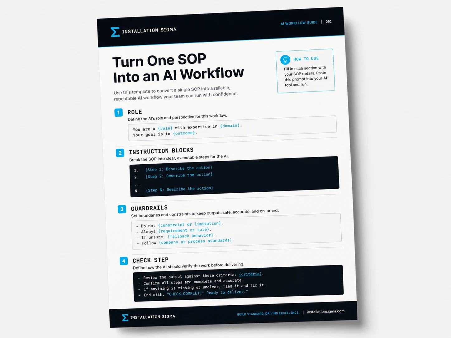 Preview of the "Turn One SOP Into an AI Workflow" guide, showing template sections for Role, Instruction Blocks, Guardrails, and Check Step.